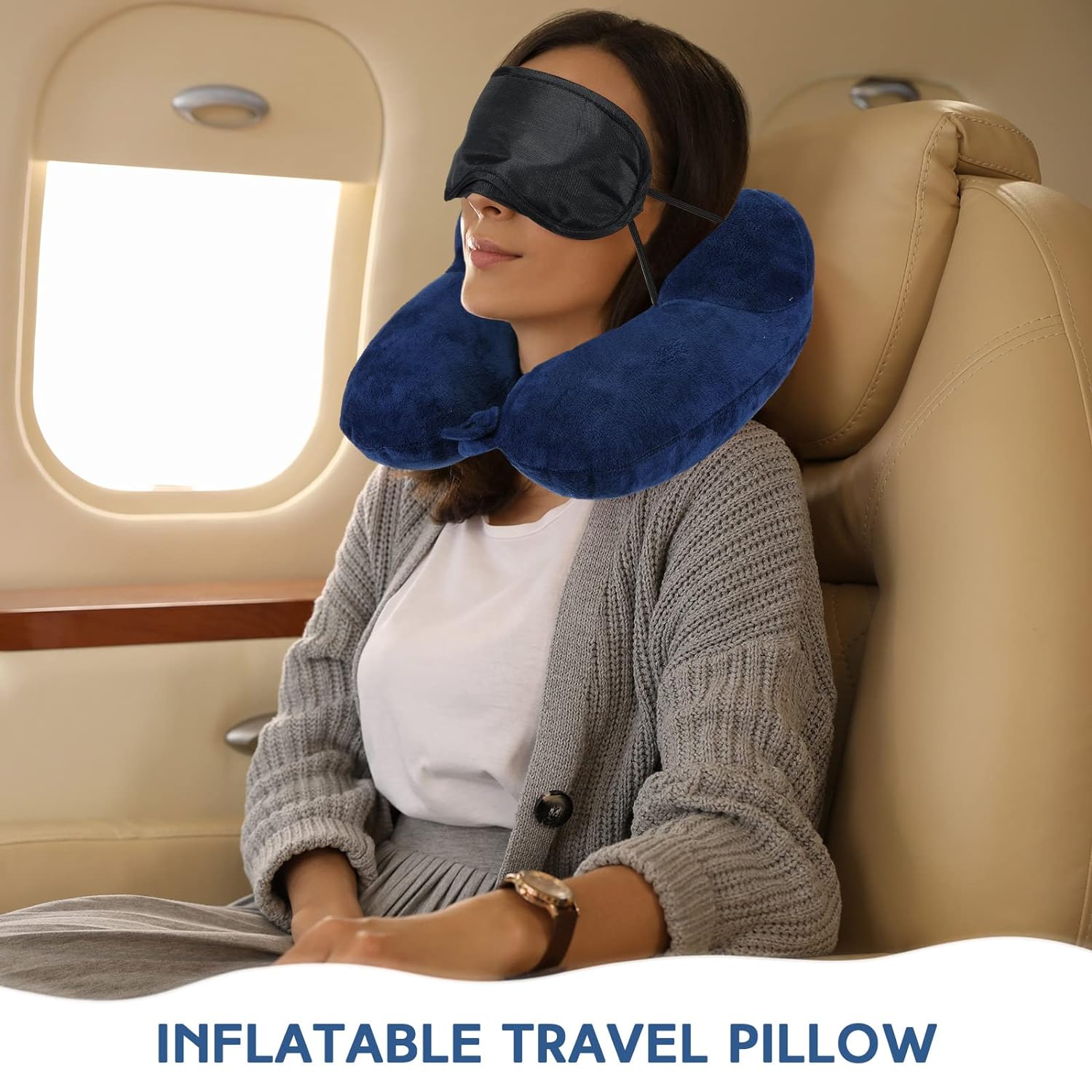 Sintuff 2 Pcs Inflatable Travel Pillow Self Inflatable Pillow with Compact Bag and Blindfold Soft Velvet Inflatable Neck Pillow for Traveling, Airplanes, Train, Car, Office, Gray and Blue