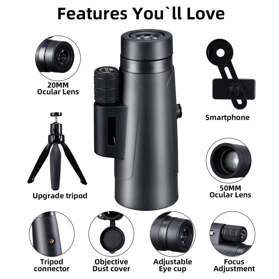 Monocular Telescope, Baacony HD Monocular for Adults with Smartphone Adapter & Tripod,Black Compact Monocular for Bird Watching Hiking Camping Hunting Wildlife Travel