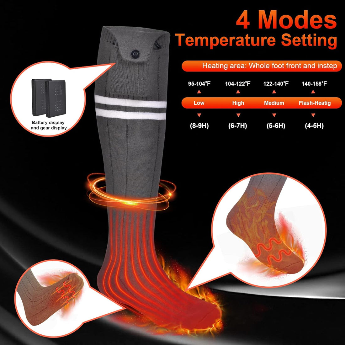 Omobolanle Heated Socks Men Women Fashion Thermal Sock APP Remote Control Rechargeable 5000mAh Battery 360° Circle Heating Electric Winter Warming Socks for Outdoor Skiing Fishing Hunting Grey XL
