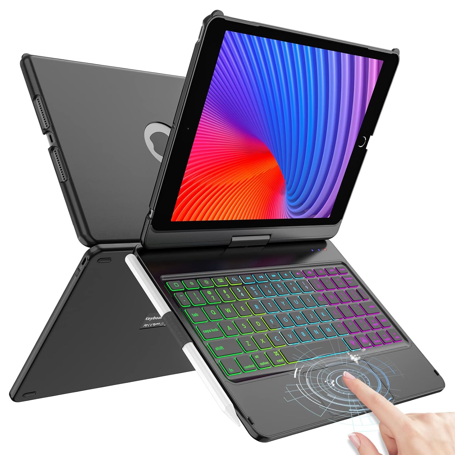 iPad Keyboard Case for iPad 10.2 9th/8th/7th Gen,Touch Keyboard for iPad 9th Generation - 8th Gen - 7th Gen, 10 Color Backlight - 360° Rotatable Protective Cover with Pencil Holder- iPad 9 Keyboard