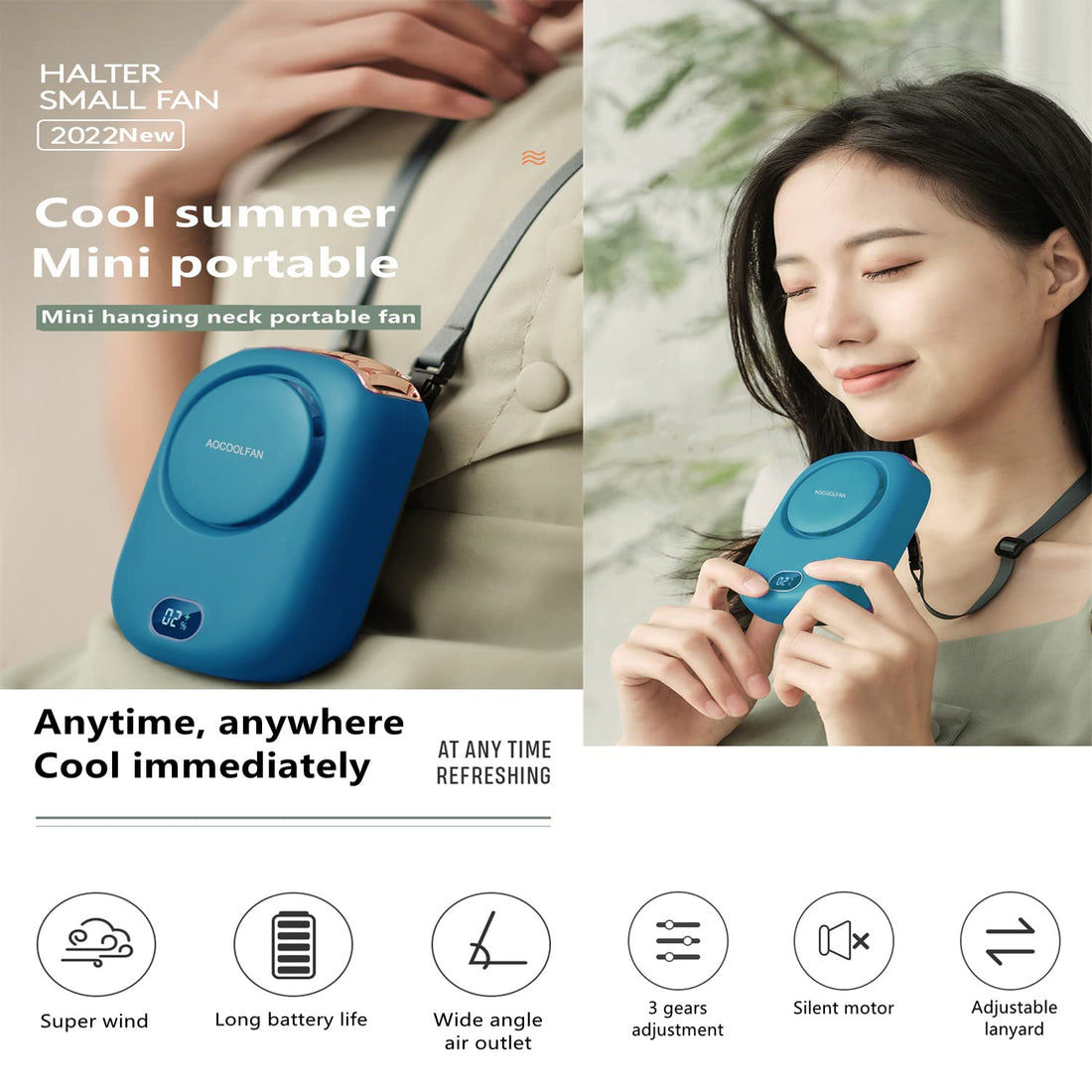 Mini Handheld Fan Portable Neck Fan Small Personal Fan USB Rechargeable 3 Speed Adjustable for Home Office Outdoor Travel (Blue)