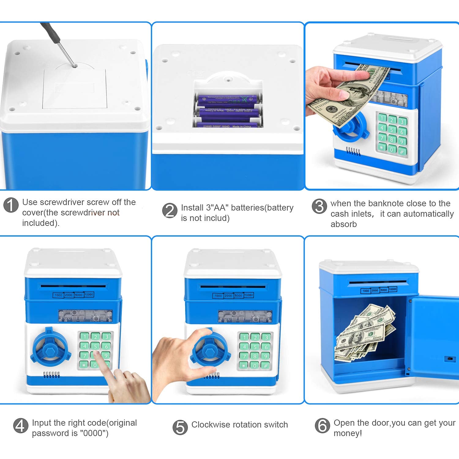 Setibre Piggy Bank, Electronic ATM Password Cash Coin Can Auto Scroll Paper Money Saving Box Toy Gift for Kids (Blue)