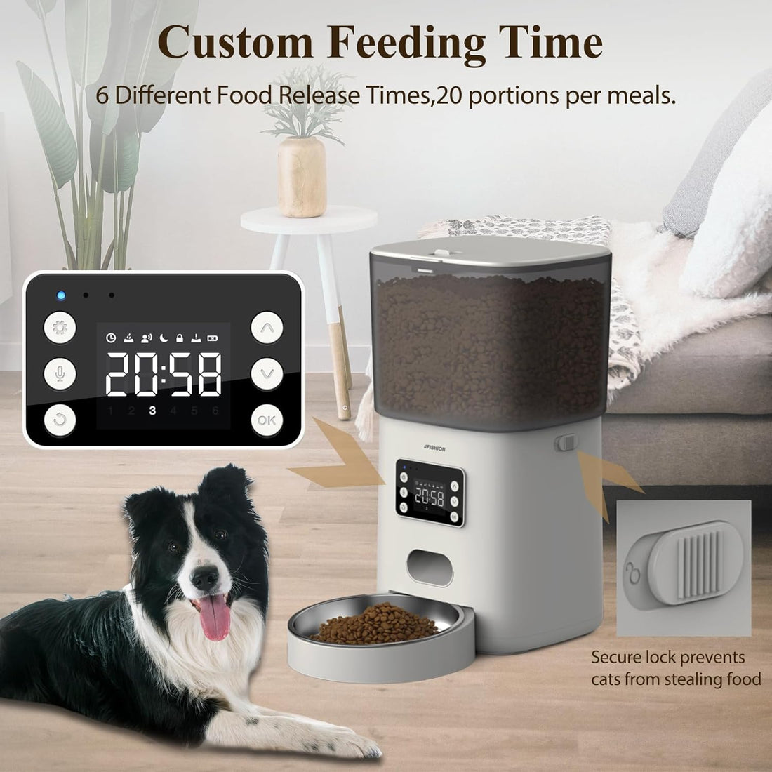JFISHION Automatic Cat Feeders,6L Automatic Cat Food Dispenser, Cat Dry Food Dispenser with Timer, Pet Dry Food Dispenser for Cats and Dogs,6 Meals Per Day, 10s Voice Recorder,Dual Power Supply,White