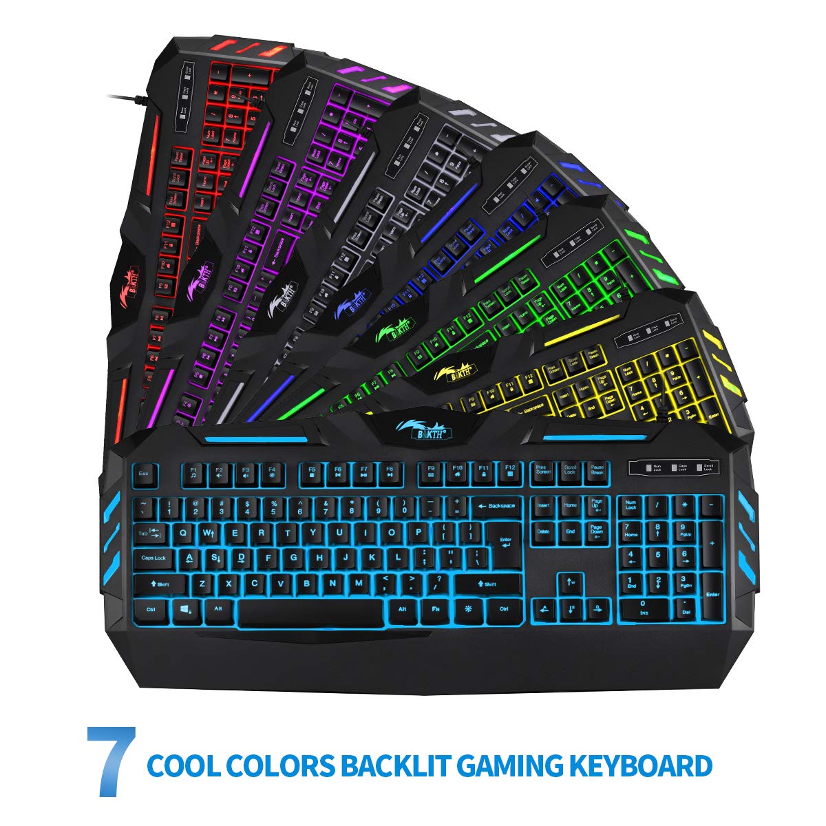 BAKTH 7 Colors LED Backlit Gaming Keyboard, Mechanical Feeling and Waterproof, Illuminated USB Wired Keyboard for Pro PC Gamer or Office