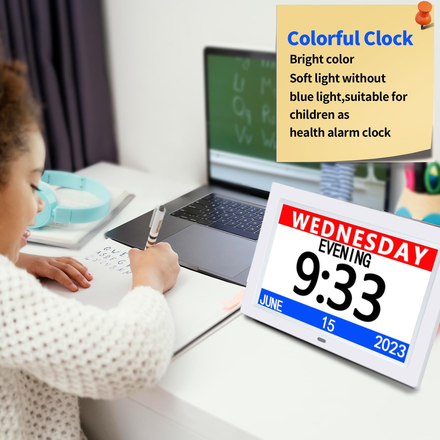 Extra Large Impaired Vision Digital Calendar Day Clock Photo Frame- Auto Dimmable Display 12 Alarm Options, Day Clock with Non-Abbreviated Day & Month Alarm Clock(9 inch White)