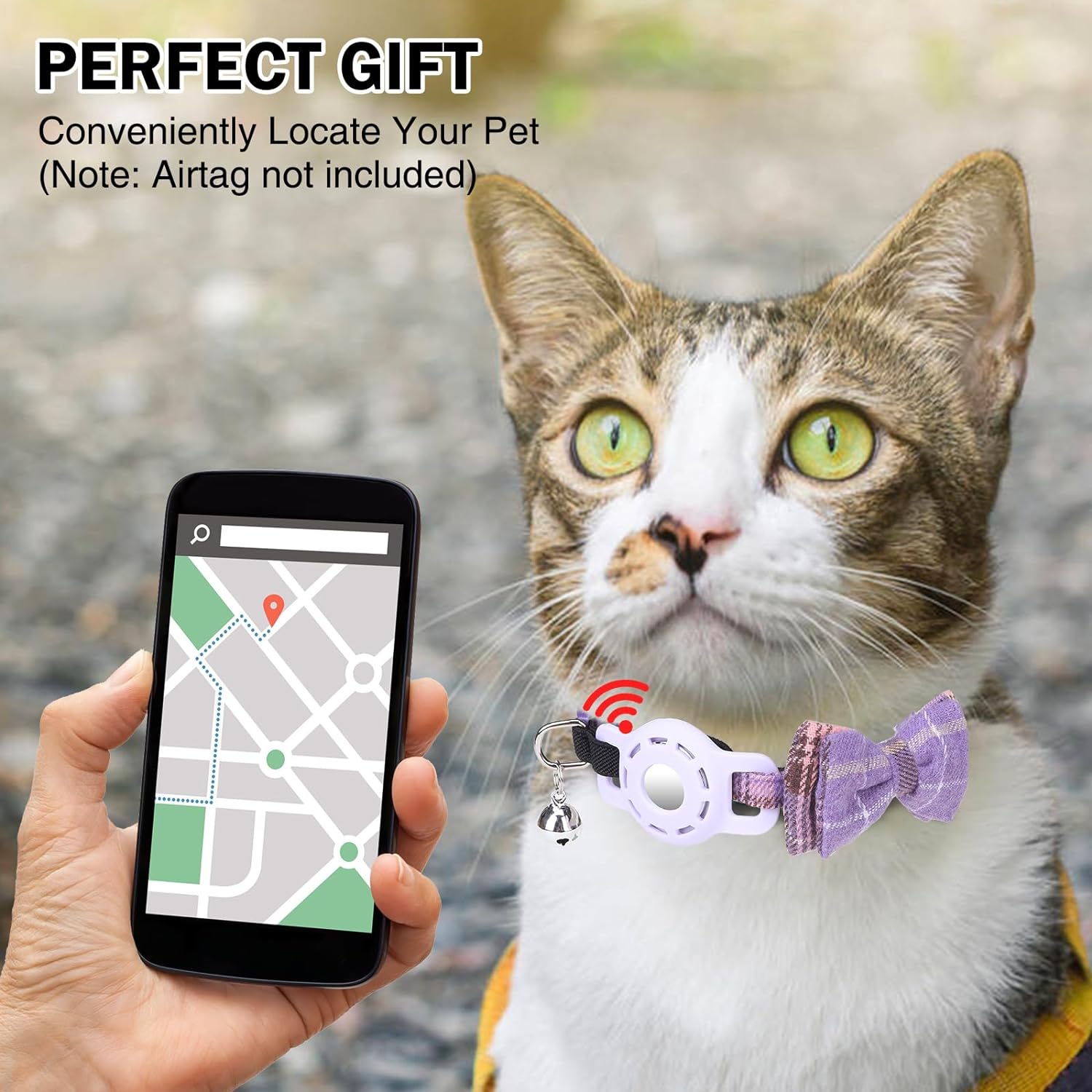 DILLYBUD Airtag Cat Collar, Plaid Cat Collar with Bow Tie and Bell, Adjustable Breakaway Pet Collar for Puppy Kitten Girl and Boys, GPS Tracker Cat Collars, Purple