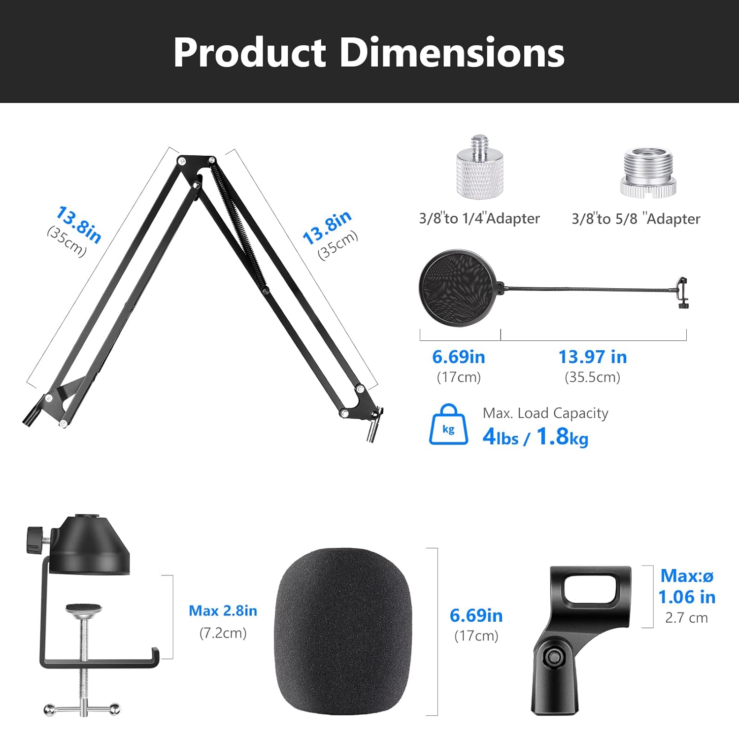 Neewer Microphone Arm Stand, Suspension Boom Arm Stand with Upgraded C-Clamp, Pop Filter, 3/8ââ‚¬Âââ‚¬â€œ1/4ââ‚¬Â & 3/8ââ‚¬Âââ‚¬â€œ5/8ââ‚¬Â Adapter, Mic Clip, Compatible with Blue Yeti Nano Snowball Ice, Ring Light, DLSR Camera