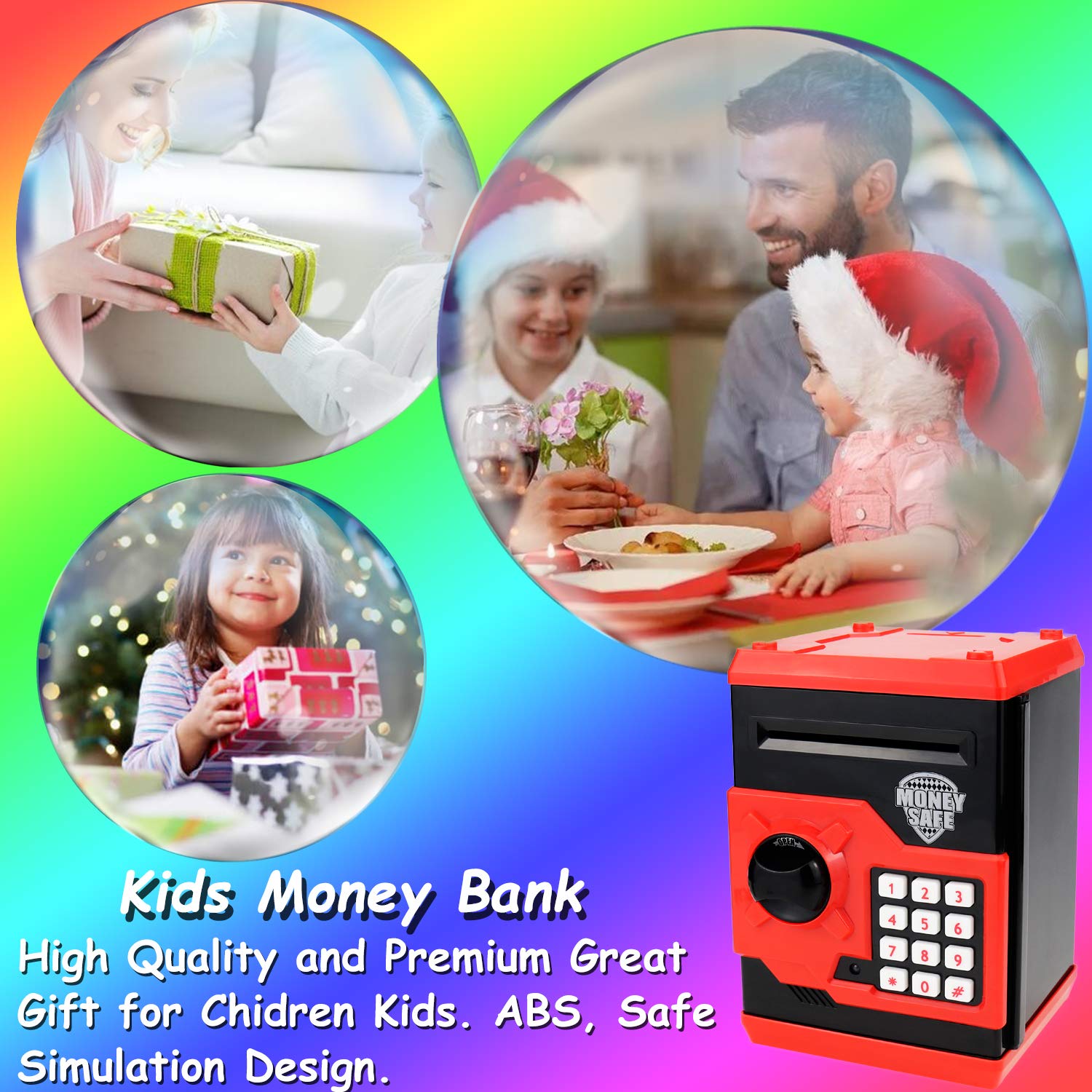 TOPBRY Piggy Bank for Kids,Electronic Password Piggy Bank Kids Safe Bank Mini ATM Piggy Bank Toy for 3-14 Year Old Boys and Girls (Black red)