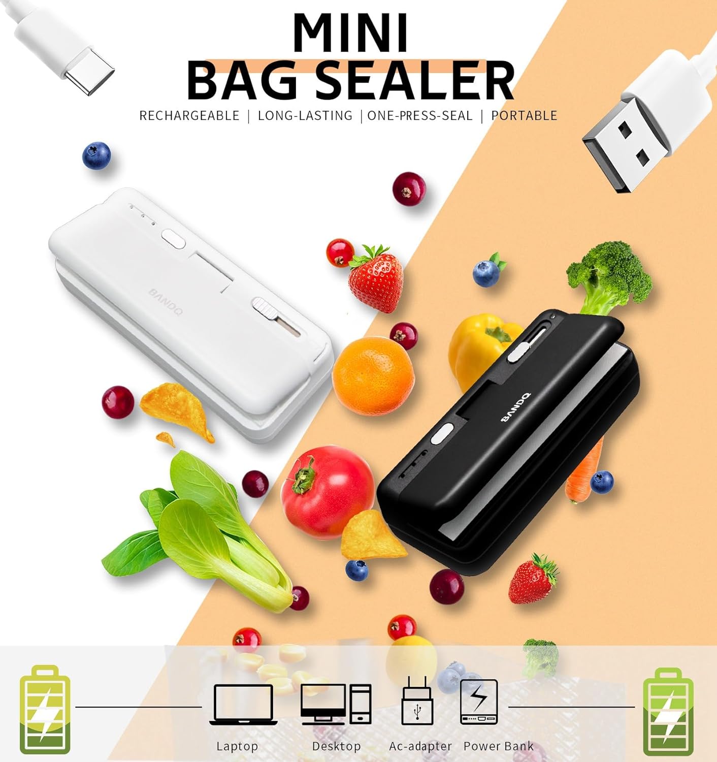 BANDQ Bag Sealer, 2-in-1 Mini Bag Sealer Heat Sealer Rechargeable Handheld Plastic Bag Resealer for Chip Bags/Plastic Bags & Vacuum Bag Sealing Machine Portable Keep Food Chips Cookies Fresh-Black