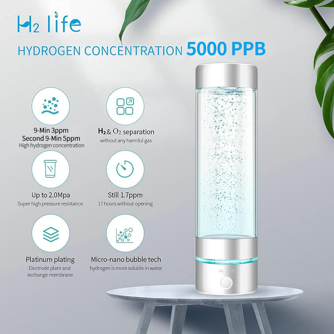 H2 Life Professional Hydrogen Sport Water Bottle, Portable Hydrogen-rich Water Generator with SPE and PEM, 320ml 1700/3700PPB Dual Mode Hydrogen Water Maker ionized for Travel