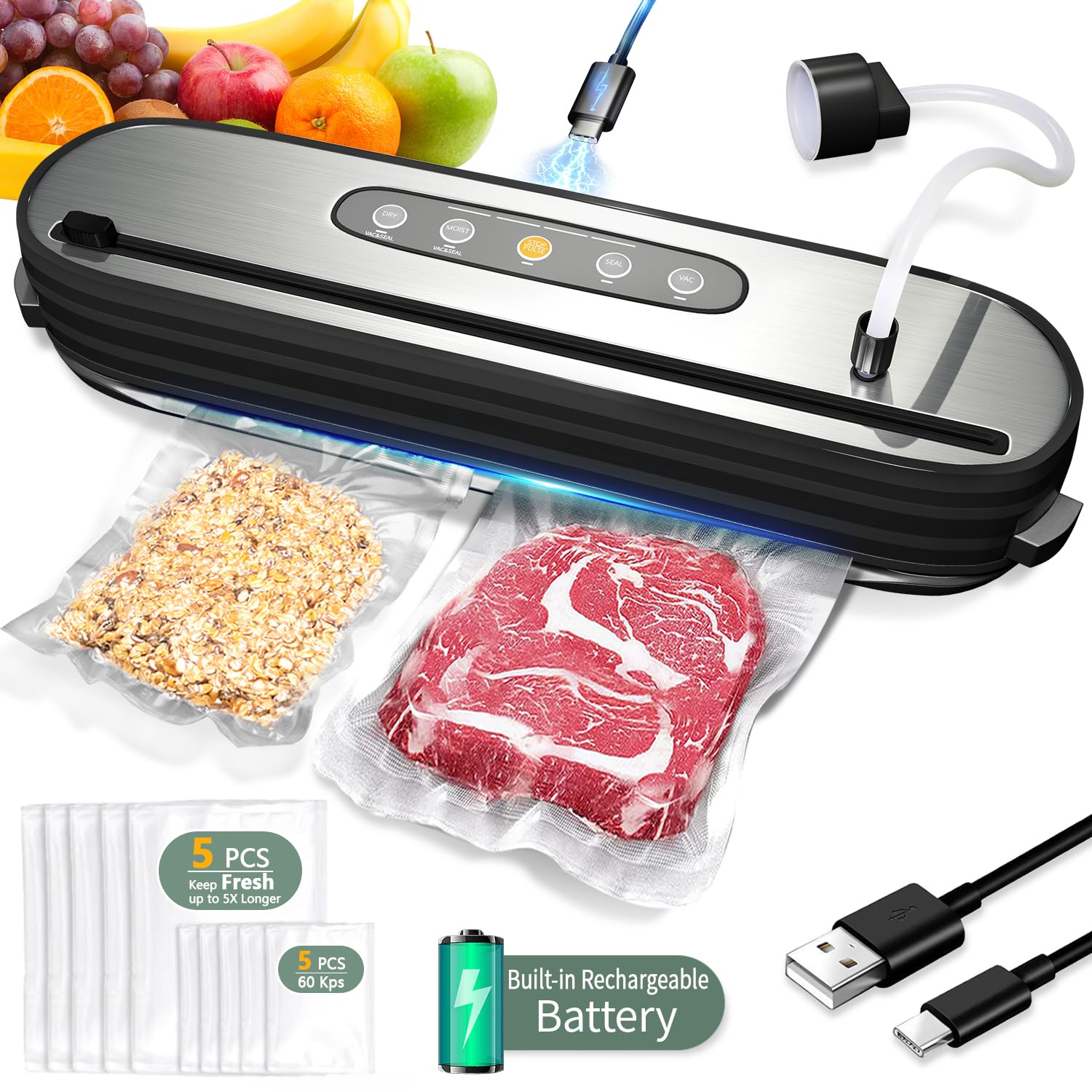 Food Vacuum Sealer Machine, Rechargeable Vacuum Sealer for Food, Portable & Airtight with 10 Vacuum Seal Bags Built-in Cutter, for Sous Vide Food Storage Jars for Kitchen Camping Fishing Picnic