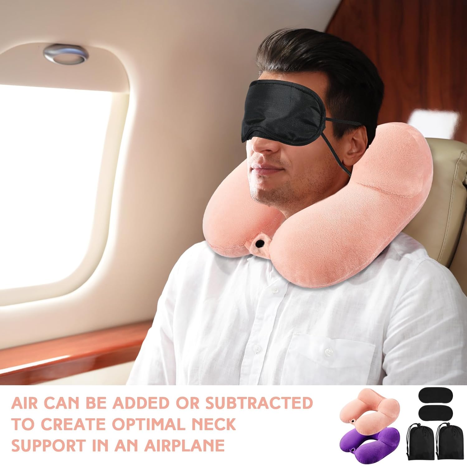 Sintuff 2 Pack Inflatable Travel Pillow for Airplanes Soft Velvet Inflatable Travel Neck Pillows with Compact Bag and Blindfold for Traveling, Airplane, Train, Car, Office (Light Pink and Violet)