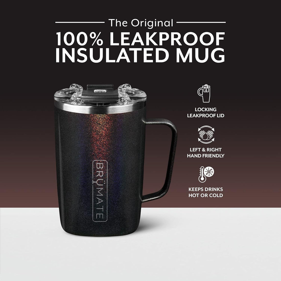 Brumate Toddy - Insulated Coffee Mug with Handle & Lid - 100% Leak-Proof Stainless Steel Coffee Travel Mug - Double Walled Coffee Cup - Glitter Charcoal