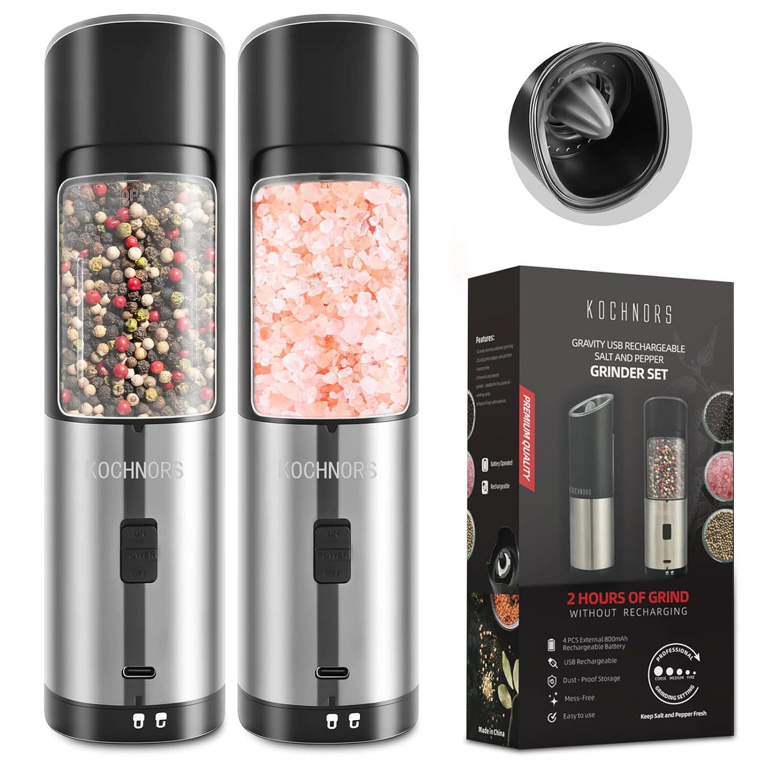 Kochnors Electric Salt and Pepper Grinder Set, Rechargeable Salt and Pepper Grinder Set with 6 Level Adjustable Coarseness, One Handed Operated Gravicty Salt and Pepper Grinder Set for Kitchen