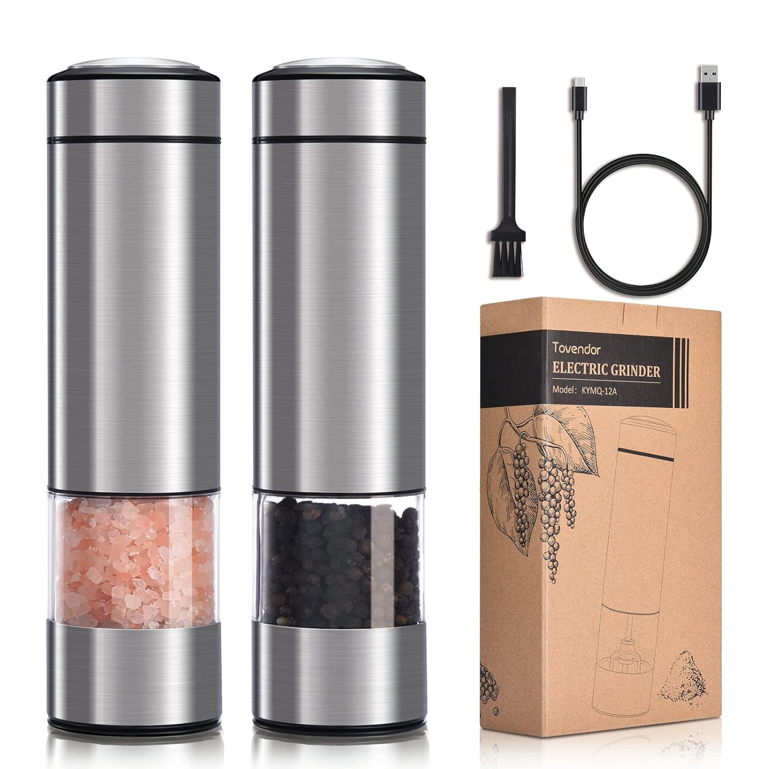 Tovendor Salt and Pepper Grinder Set, Stainless Steel Brushed Pepper Mill with Bright Light, Adjustable Coarseness, Rechargeable Battery Powered (One Handed Operation, Set of 2)