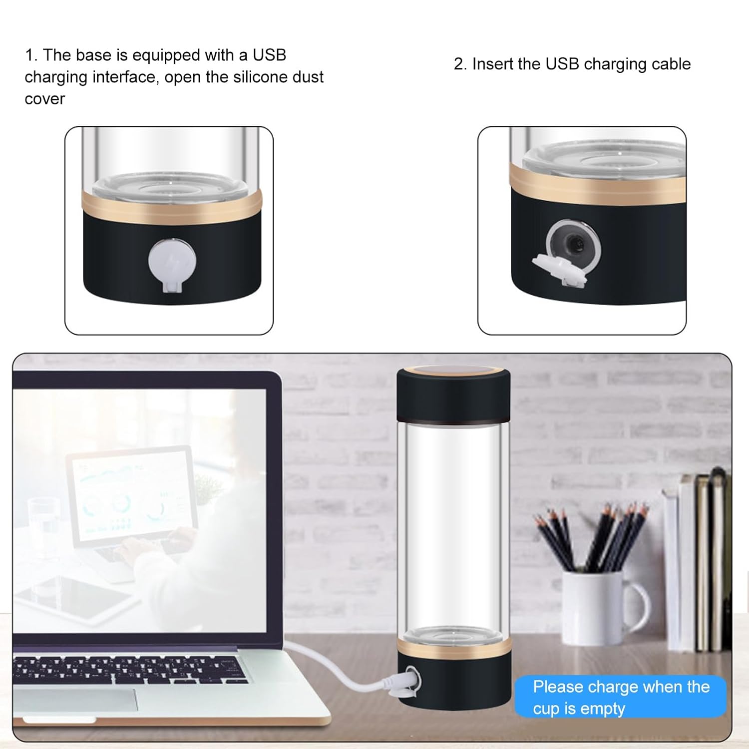 Hydrogen Rich Water Generator Bottle, Electrolysis Technology Hydrogen Generator Water Cup 380ml High Borosilicate Glass Intelligent USB Charging for Home(Black)