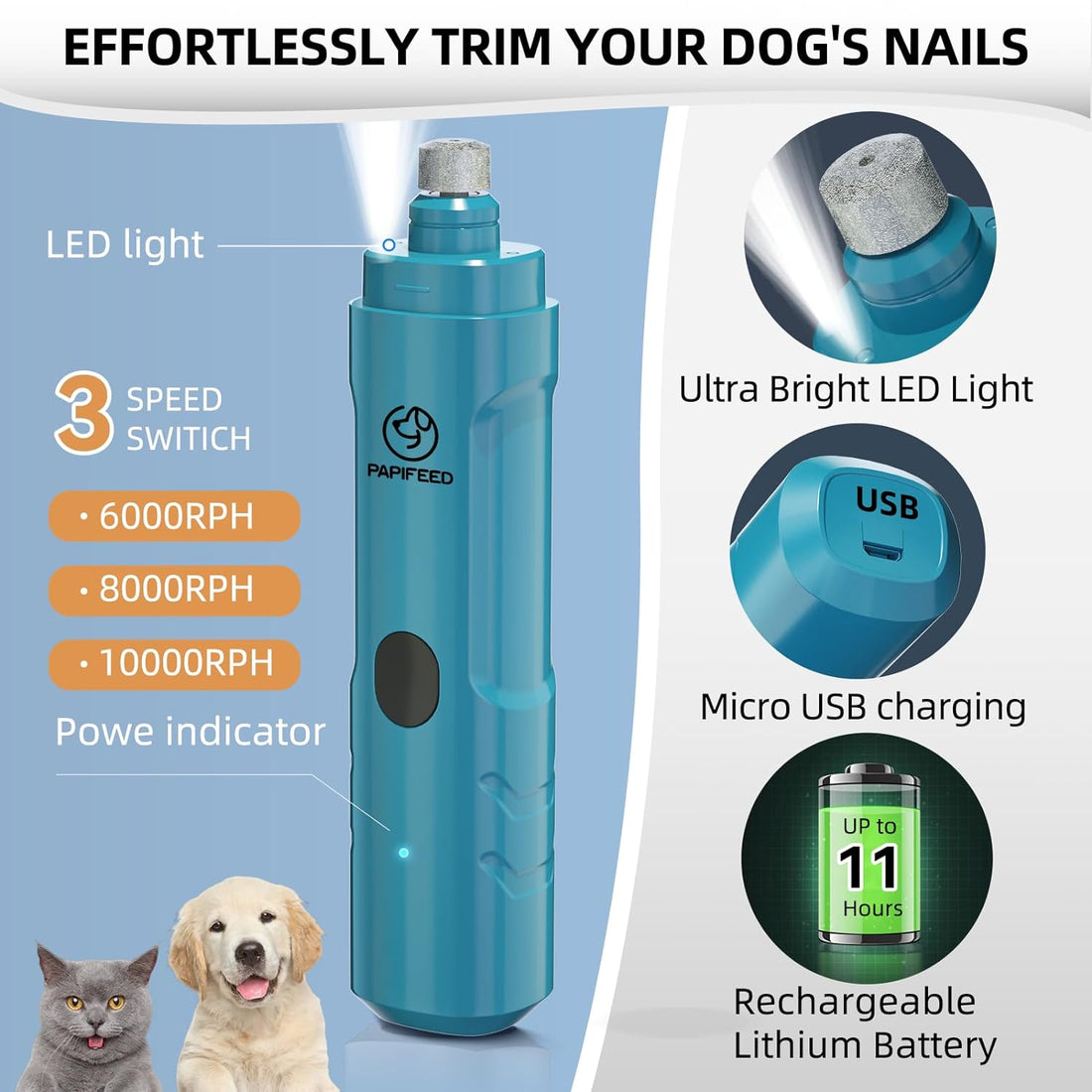 Dog Nail Grinder with 2 LED Light,3-Speed Rechargeable Dog Nail Clippers and Trimmers, Upgraded Powerful Electric Dog Toe Nail File Quiet Painless, Paws Grooming for Small Medium Large Dogs Cats-Blue