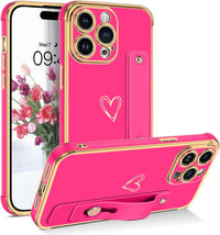 BENTOBEN for iPhone 15 Pro Max Case, Phone Case iPhone 15 Pro Max for Women Girls, Cute Heart Adjustable Strap Wristband Kickstand Holder Shockproof Soft TPU Bumper Luxury Plating Cover, Hot Pink