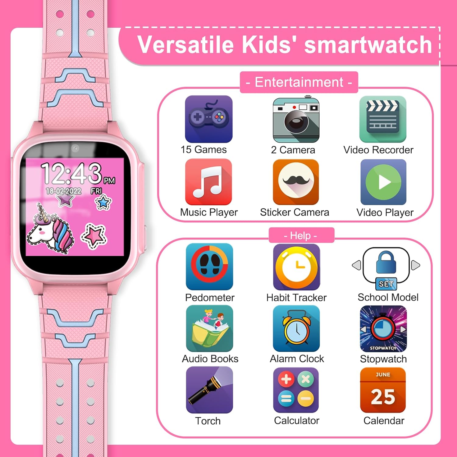 AstraMinds Kids Smart Watches Girls Boys - Kids Smartwatch with 15 Games,Habit Tracker,2 Camera,10 Stories, Smart Watch for Kids Boys Girls Ages 3-10(Pink)