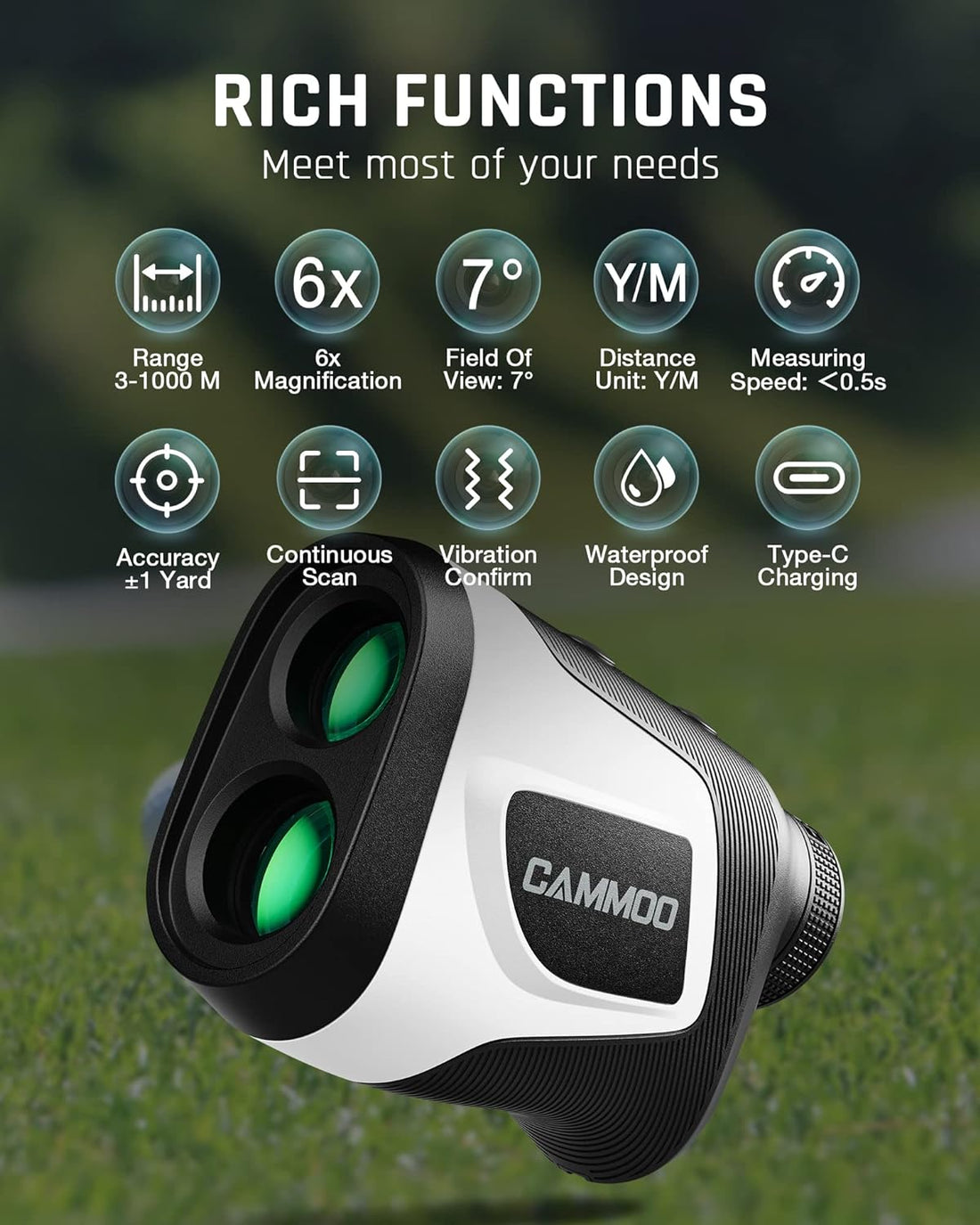 CAMMOO Golf Rangefinder with Slope, 1100Y Range Finder Golfing with 5 Mode, 6X Magnification, USB Charging, Clear & Accurate Measurement, Vibration Alert, for Golfing, Hunting, Measurement - M1000