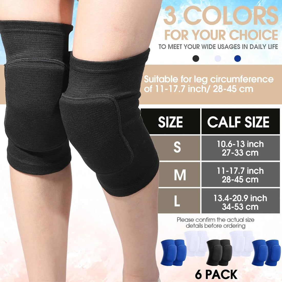 Yunsailing 6 Pairs Knee Pads for Women Men, Soft Breathable Volleyball Knee Pads Tactical Knee Pads Knee Protector Workout Knee Pads for Basketball Football Hockey Dance Running (Black,S Size)