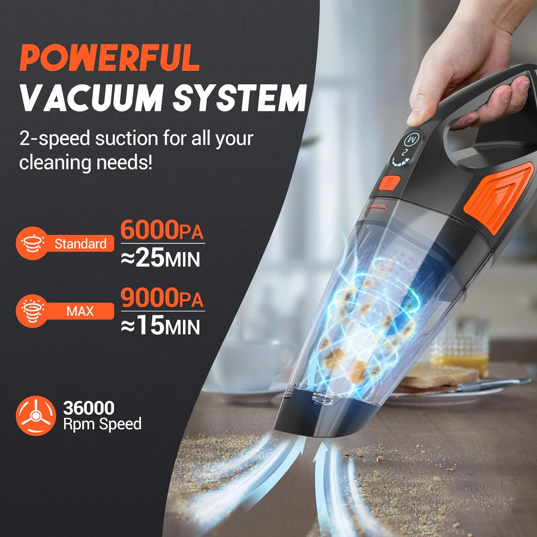 Jeshow Handheld Vacuum Cordless Car Vacuum,9KP Strong Suction Hand Vacuum Cordless,500ml Dust Box Car Vacuum Cleaner,Lightweight Rechargeable Portable Vacuum,Car/Home Handheld Vacuum Cleaner(Orange)