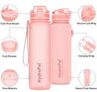 34 oz Water Bottles with No Sweat Sleeve, Tritan Water Bottle with Times to Drink, BPA Free Leak Proof with Fruit Infuser Strainer & Time Marker for Gym Fitness Outdoor Camping, 1L Large Sports Bottle
