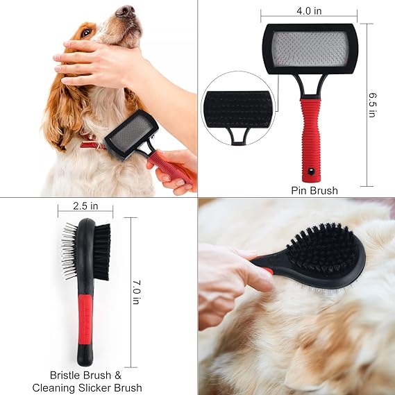 Pet Grooming Tool Kit Dogs Cats Pin & Bristle Brush Cleaning Slicker Brush Dematting Comb Nail Clipper & File Hair Removal Mitts Flea Comb Double Grooming Comb 8-Piece