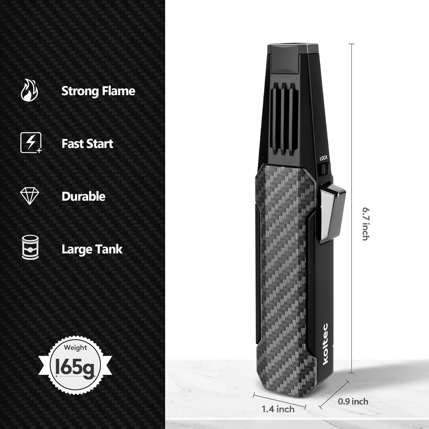 KOLTEC Cooking Lighter, Butane Torch, Refillable Adjustable Jet Flame Kitchen Windproof Cooking. (Gas Not Included) (Black)