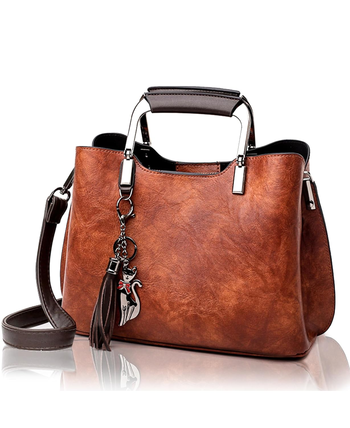 rofozzi Women's Top-Handle Small Leather Handbag and Purse with Tassel (Brown)