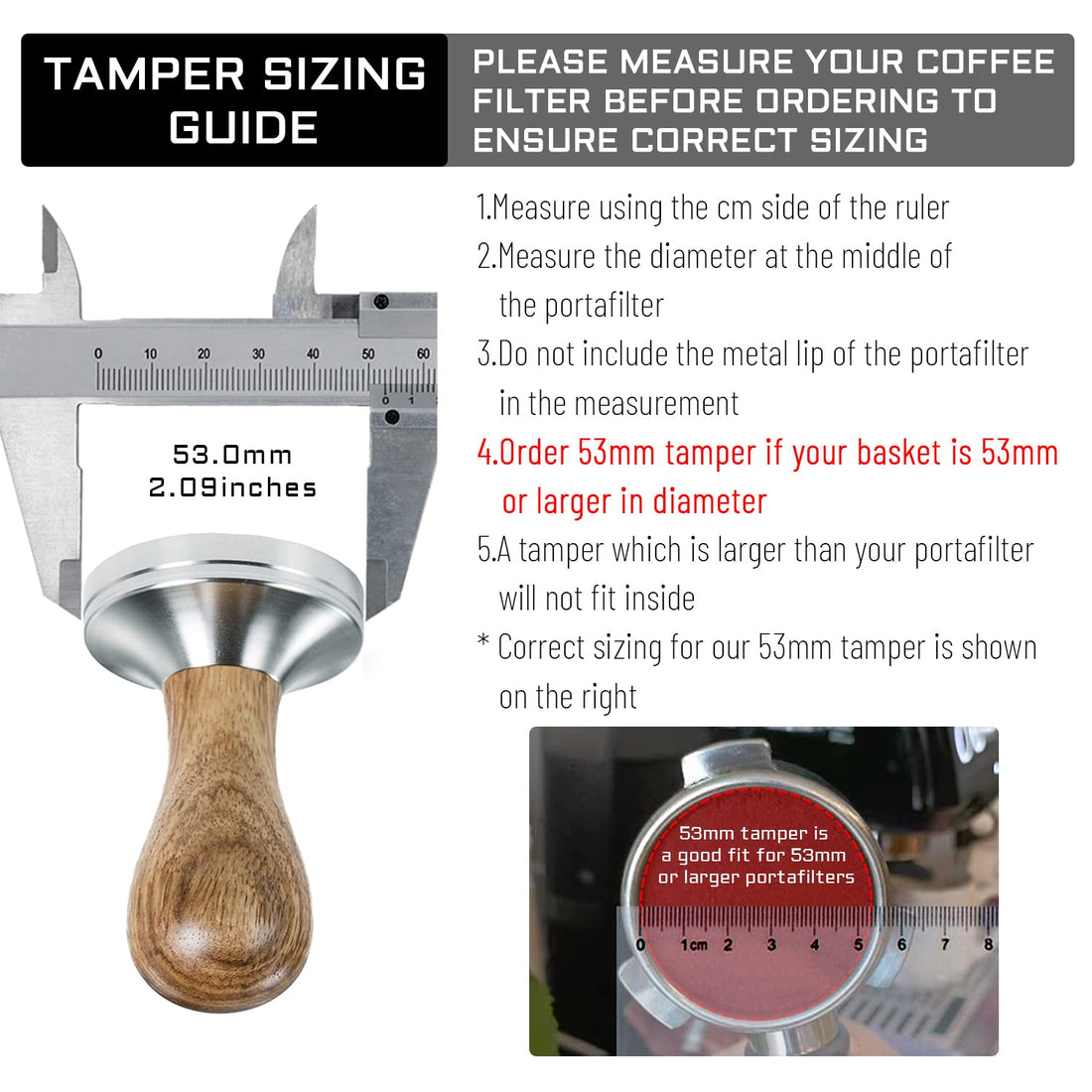 Ezebesta 53mm Coffee Tamper Espresso Press with Tamper Mat Tamper with 304 Stainless Steel Base Wooden Handle Barista Espresso Machines Accessory (53mm)