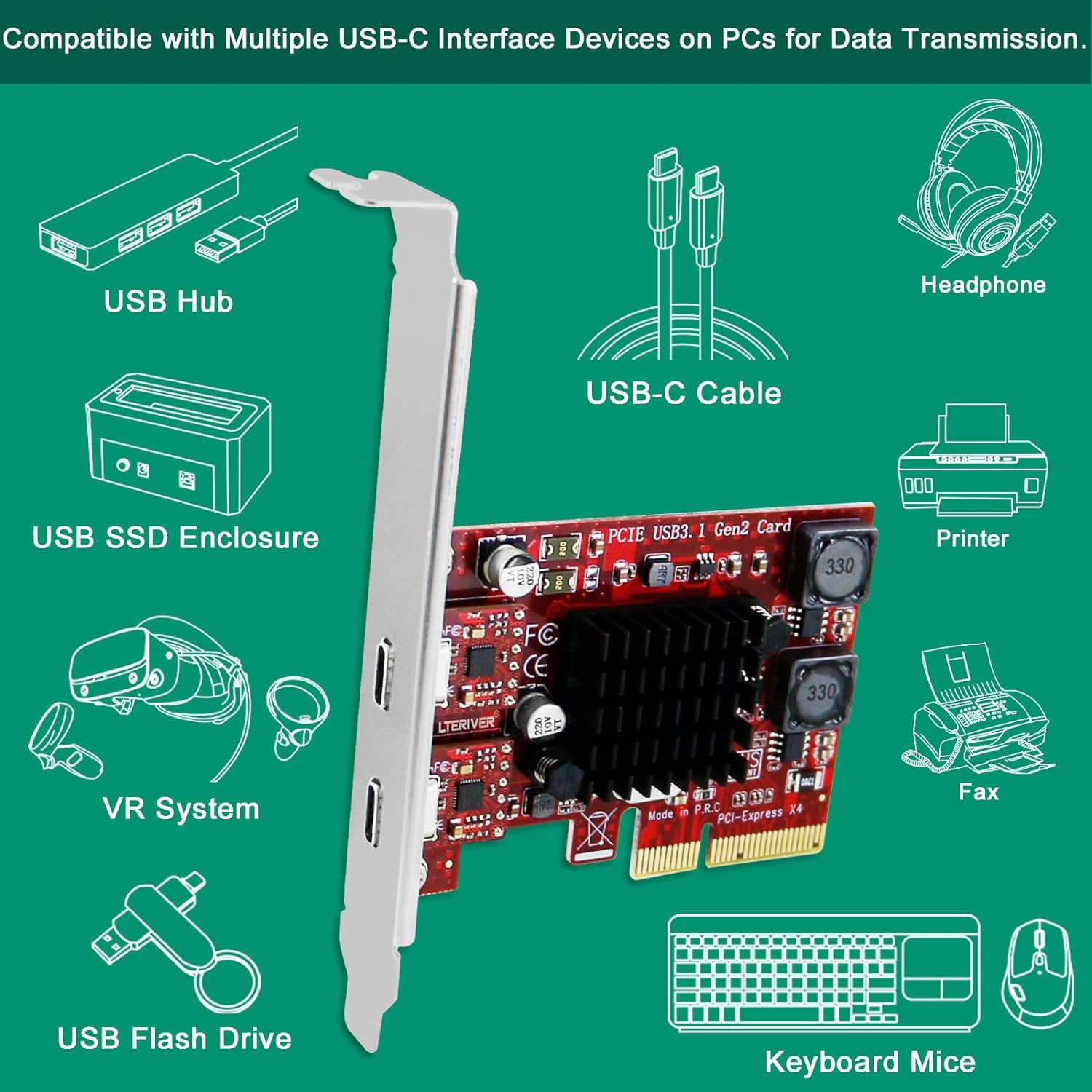 PCI Express to 2X USB 3.1 GEN2 Type C 10Gbps Ports Card for Windows 7, 8.1, 10, 11 (32/64) and MAC OS 10.9,10.10,10.12,10.13,10.14,10.15 PCs, Built in Smart Power Control Technology (PCE-U312C)