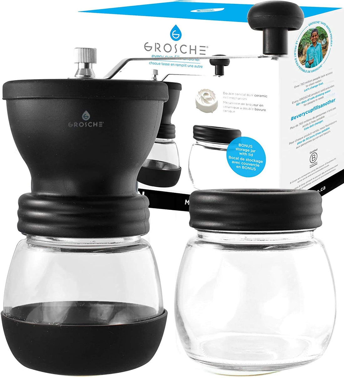 GROSCHE Bremen Adjustable Ceramic Conical Burr Manual Coffee Grinder (Black)