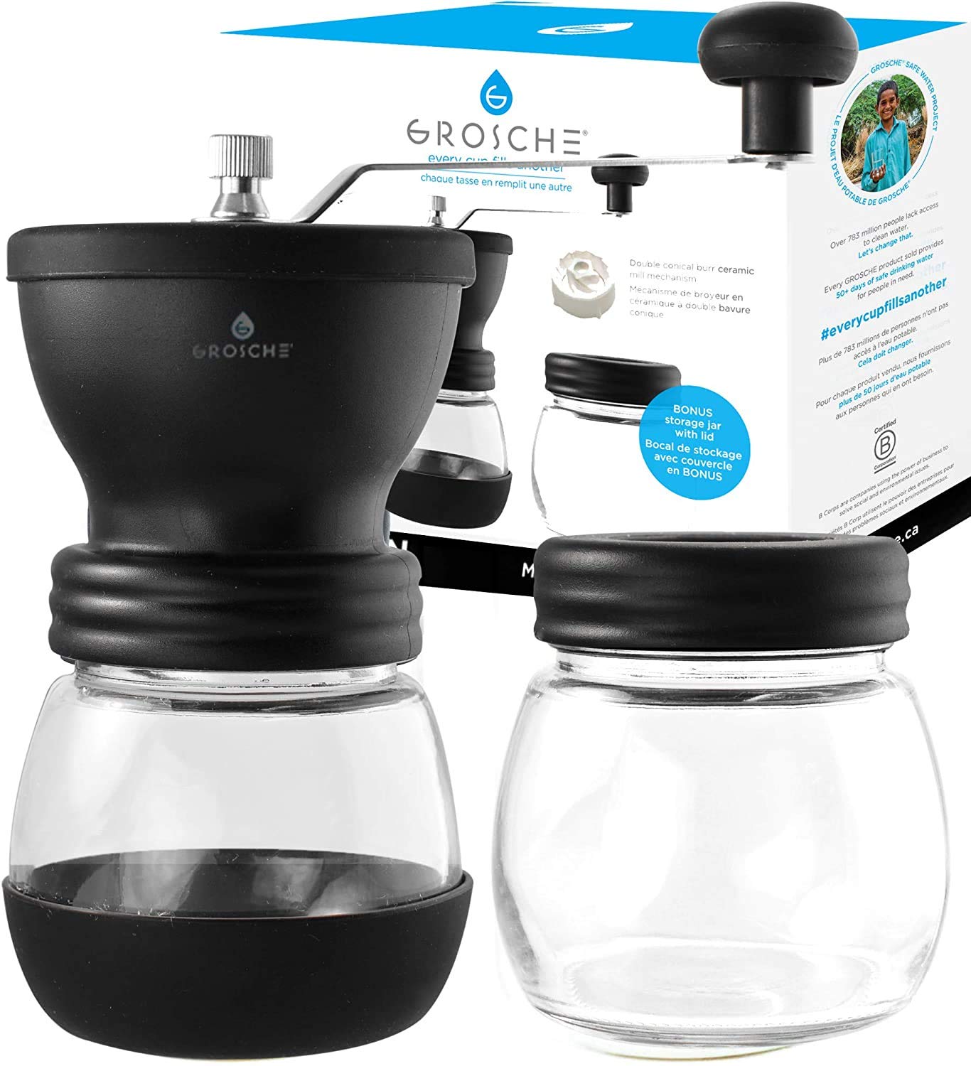 GROSCHE Bremen Adjustable Ceramic Conical Burr Manual Coffee Grinder (Black)