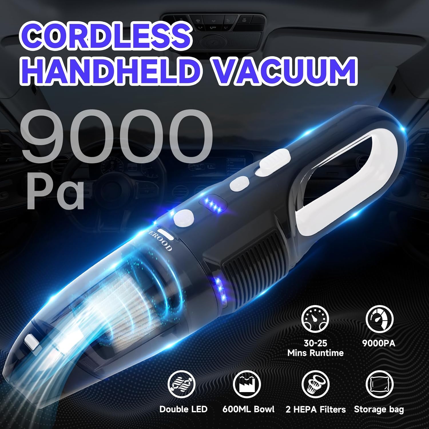 FEROOD Car Vacuum Cordless Rechargeable with 2 Filters,Handheld Vacuum Cleaner with 9000Pa Strong Suction,Mini Portable Hand Vacuum Cordless with Large-Capacity Battery,30min Runtime&Double LED Light