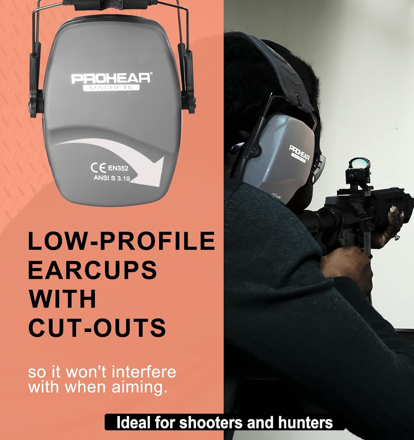 PROHEAR 016 Ear Protection Safety Earmuffs for Shooting, NRR 26dB Noise Reduction Slim Passive Hearing Protector with Low-Profile Earcups, Compact Foldable Ear Defenders for Gun Range, Hunting,Grey