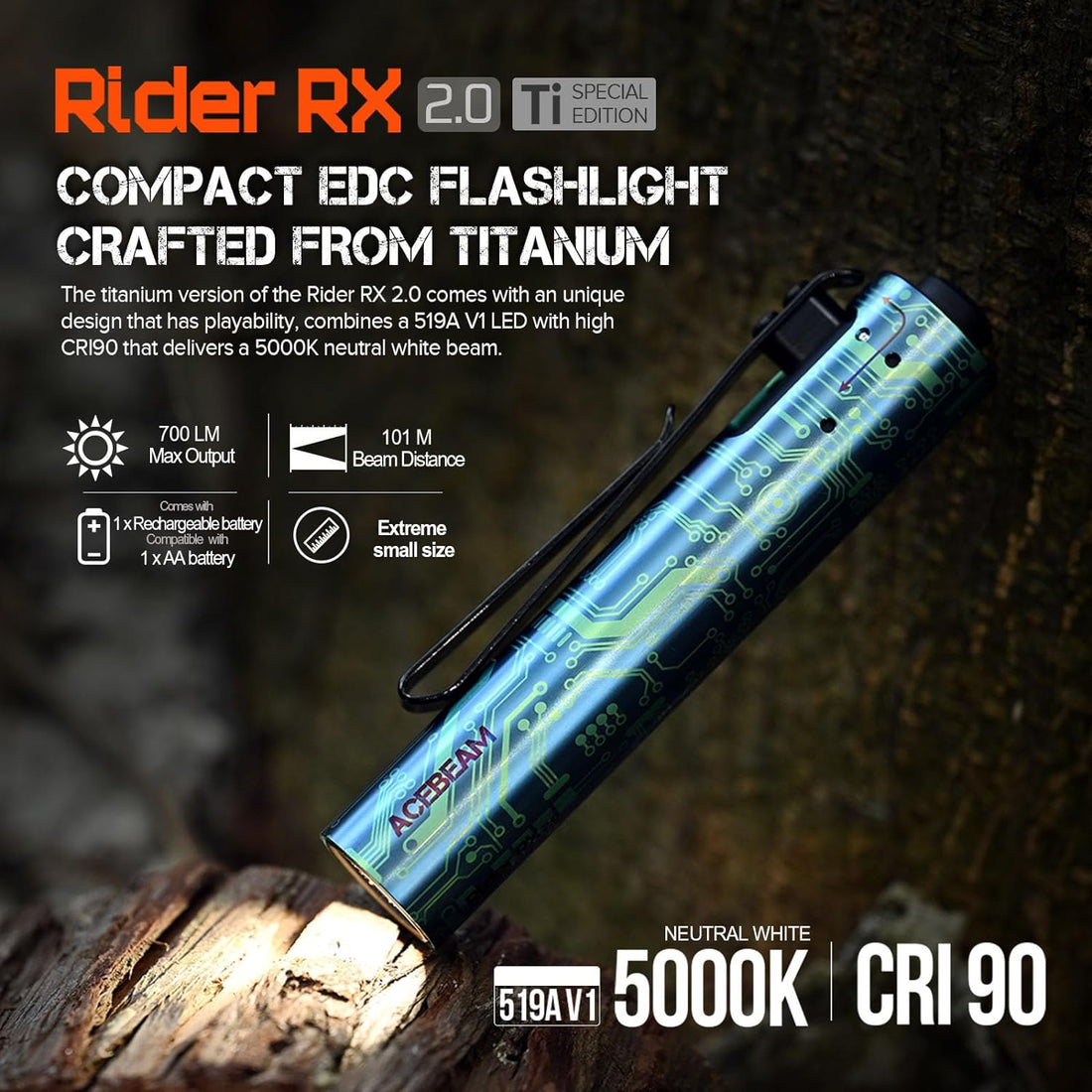 ACEBEAM Rider RX 700 High Lumens LED Flashlight Rechargeable, Pocket EDC AA Flashlight with Clip, Super Bright Small Mini Flash Light, 519A-V1 LED 90+ High CRI Flashlight for Camping, Emergency, Home
