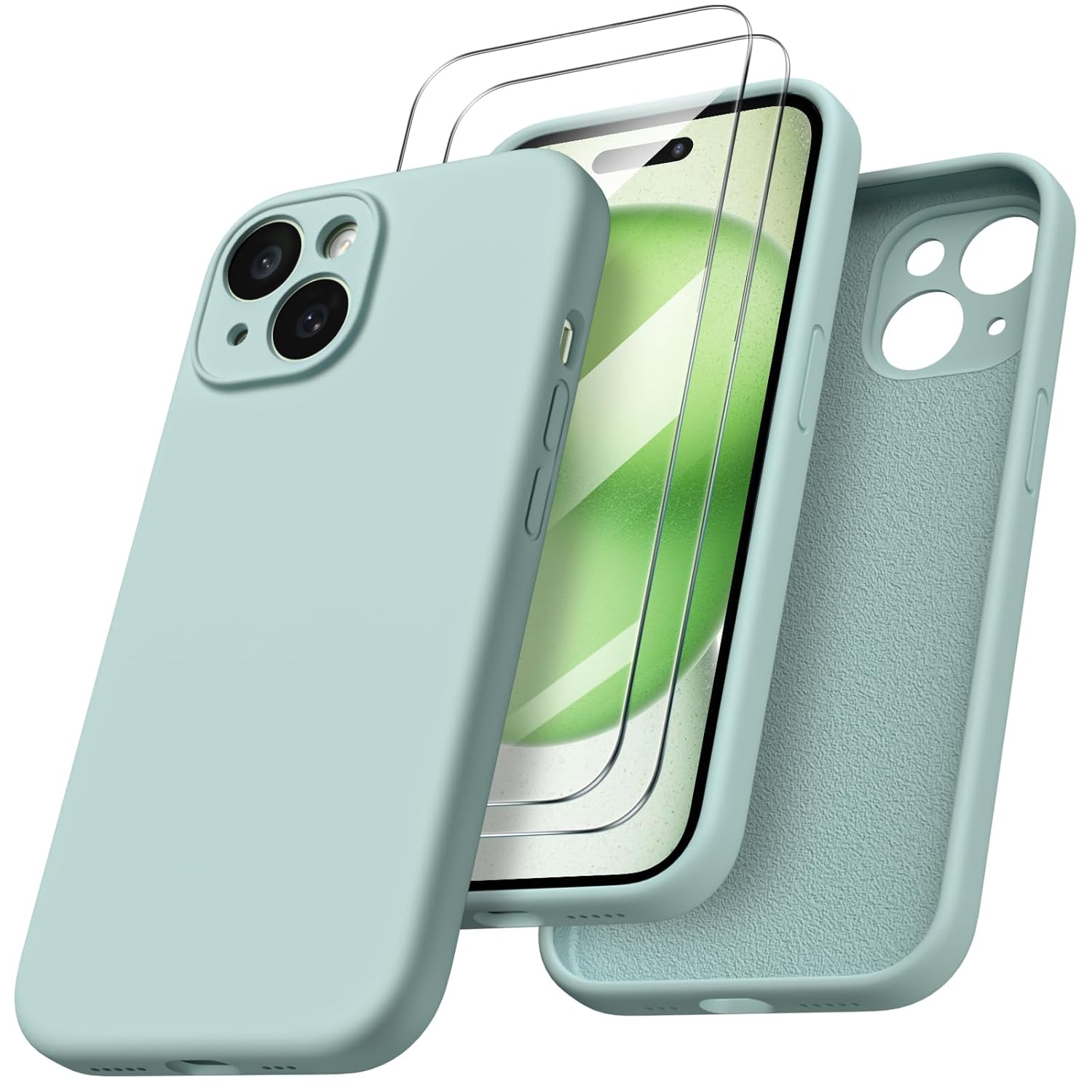 ORNARTO Designed for iPhone 15 Case with Screen Protector [2 Pack], Liquid Silicone Gel Rubber Cover [Full Body] Shockproof Case for iPhone 15 6.1 inch-Succulent