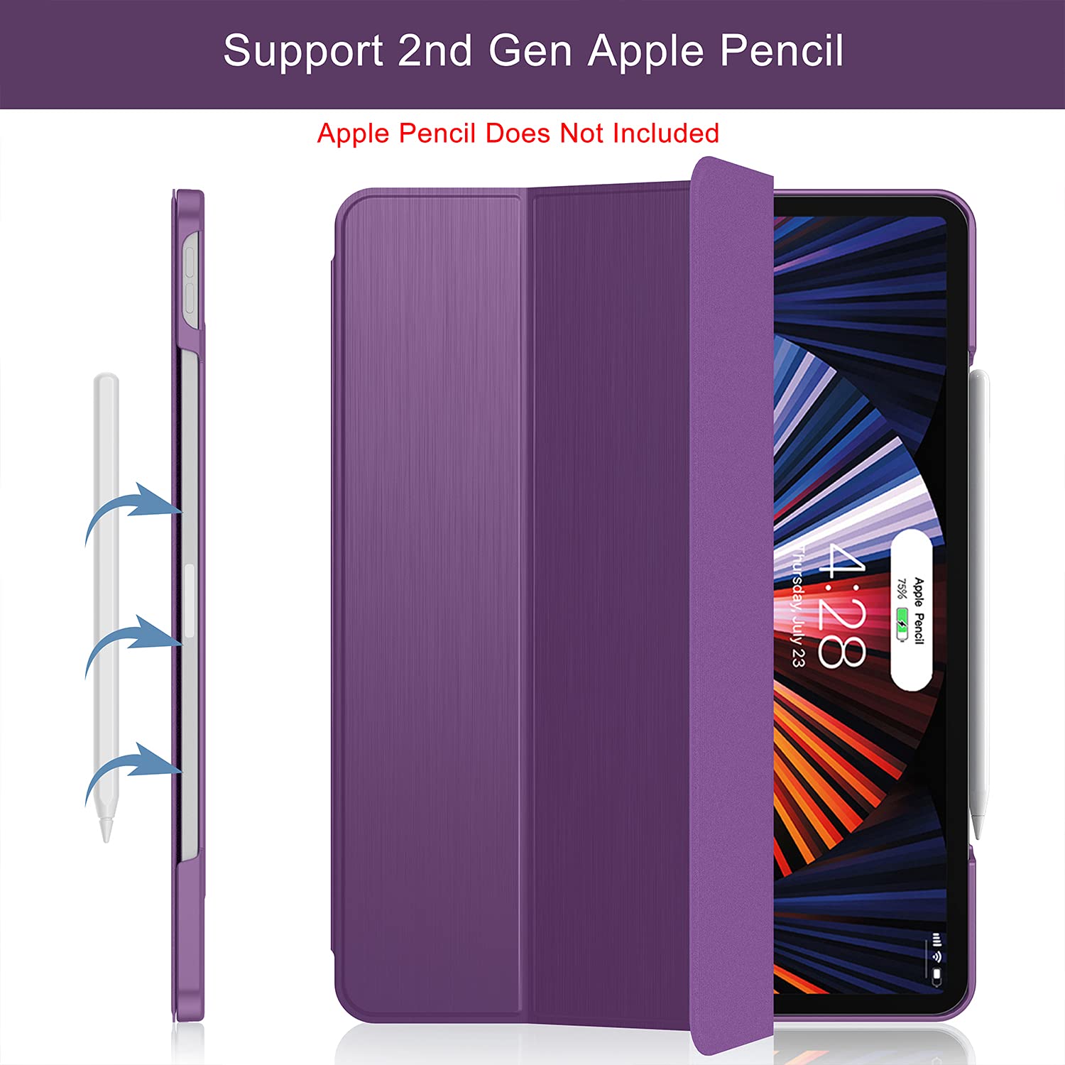 Soke New iPad Pro 12.9 Case 2021(5th Generation) - [Slim Trifold Stand + 2nd Gen Apple Pencil Charging + Smart Auto Wake/Sleep],Premium Protective Hard PC Back Cover for iPad Pro 12.9 inch(Purple)