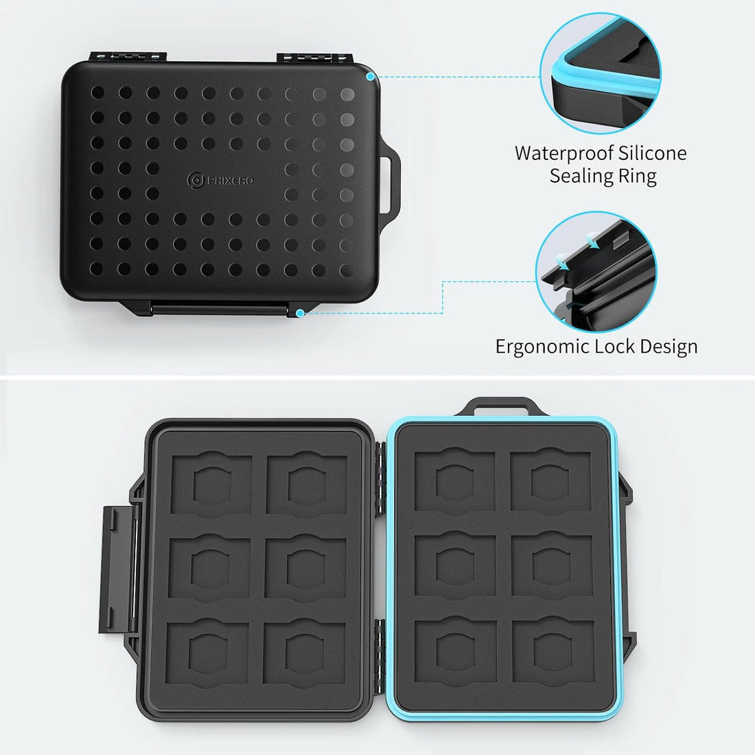 PHIXERO 24 Slots Portable SD Card Holder Case, Memory Card Case, Memory Card Holder Protector Case, SD Card Storage Box for 12 SD SDHC SDXC Cards & 12 TF Micro SD Cards, Water-Resistant Anti-Shock