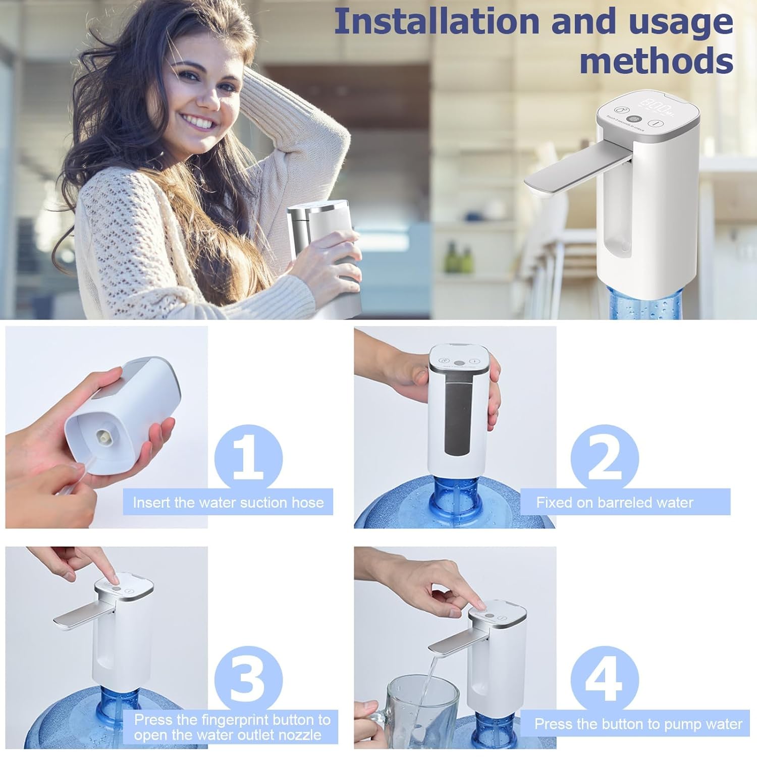 5-Gallon Water Bottle Dispenser, Universal Foldable Automatic Water Bottle Pump with Display, Portable Electric Drinking Water Pump, Double Pumping Modes, 1200mah USB Charging White