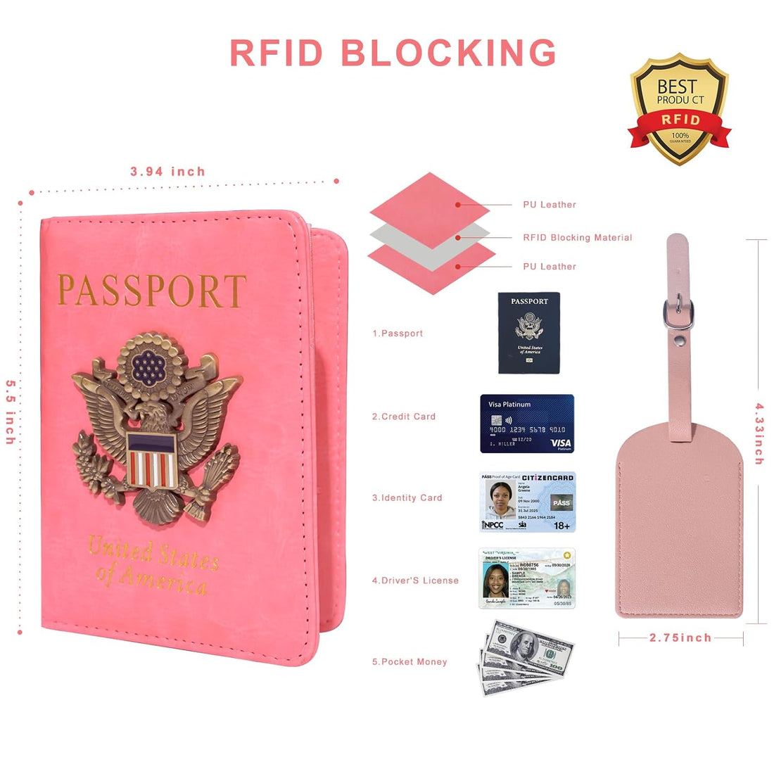 Passport Holder Cover Case with Airtag, Travel Passport Book Wallet and Vaccine Card Holder Combo, US ID Badge Porta Pasaporte with RFID Blocking, Leather Document Organizer for Men Women Kids, Pink, Polished Leather Surfaces