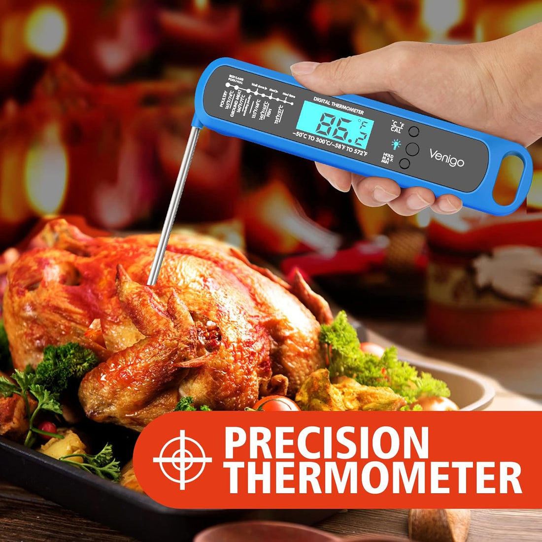 Venigo Digital Meat and Food Thermometer for Cooking and Grilling, Waterproof Instant-Read Cooking Thermometer, Kitchen Probe Thermometer for Baking, Roasting, Smoking, Deep Frying (Blue)
