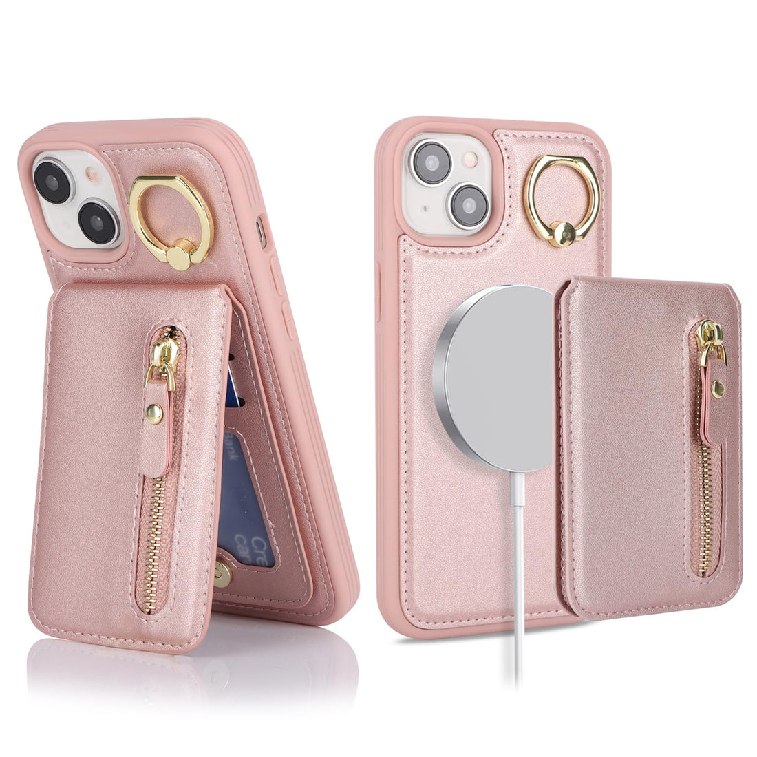 Ｈａｖａｙａ for iPhone 13 case for Women with Card Holder iPhone 14 Phone case magsafe Compatible Leather Zipper Phone Wallet Detachable 2-in-1 Magnetic-Rose Gold