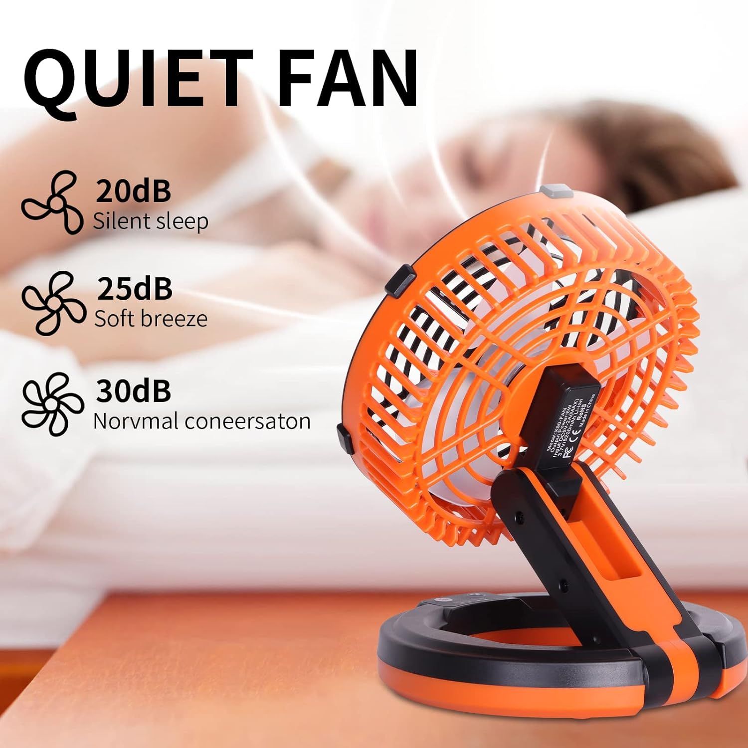 Portable Camping Fan for Tents,Battery Operated Fan,Personal USB Desk Fan for Fishing,36 Hours Work Time, Outdoor Rechargeable Fan with LED Lantern,Hanging Hook,，Orange 90