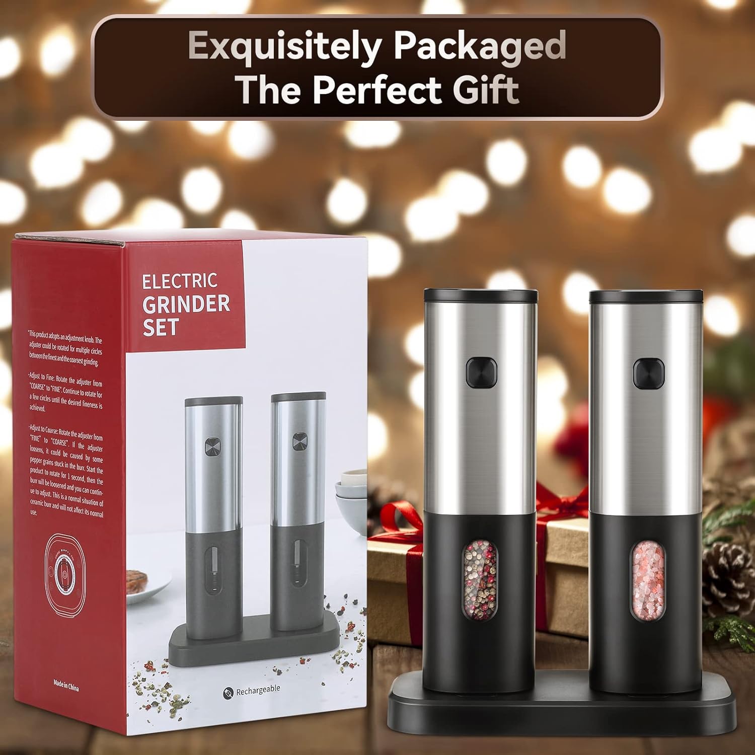 Electric Salt and Pepper Grinder Set, HOMCYTOP Automatic Salt & Pepper Mill Refillable with Rechargeable Base, USB Cables, Blue LED Light, One Hand Operation, 2 Adjustable Coarseness Mills