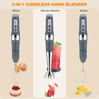 Cordless Immersion Blender: 3-in-1 Rechargeable Cordless Hand Blender, 21-Speed & 3-Angle Adjustable with Chopper, Beaker, Whisk, Beater for Milkshakes | Smoothies | Soup Baby Food (Grey)