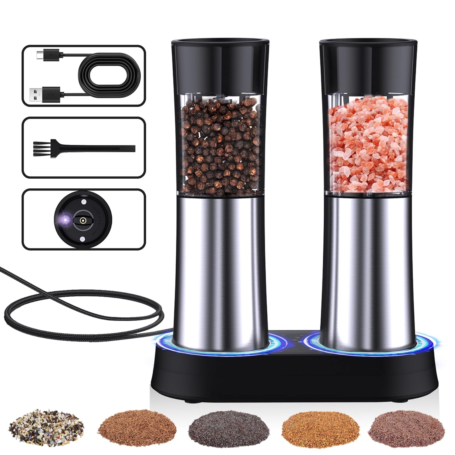 Sobtoe 2023Newest Gravity Electric Salt and Pepper Grinder Set, Rechargeable Automatic Salt and Pepper Mill Grinder with Adjustable Coarseness, Electric Salt and pepper Shakers, LED Light, (2 Packs)