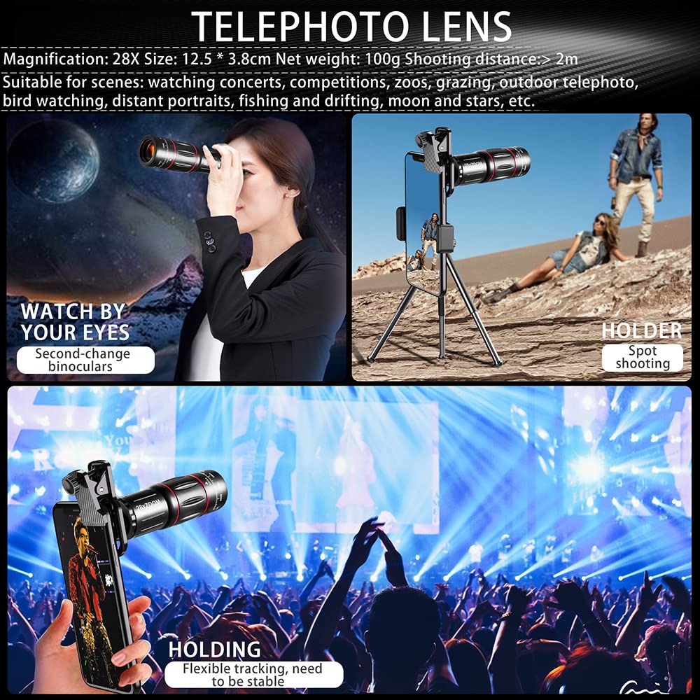 Mcoplus Cell Phone Camera Lens 4 in 1 Clip-on Phone Lens Kit, 28X Telephoto Lens & Fisheye Lens & 0.6X Wide Angle Lens & 20X Macro Lens, for iPhone and Android Smartphones Cell Phones