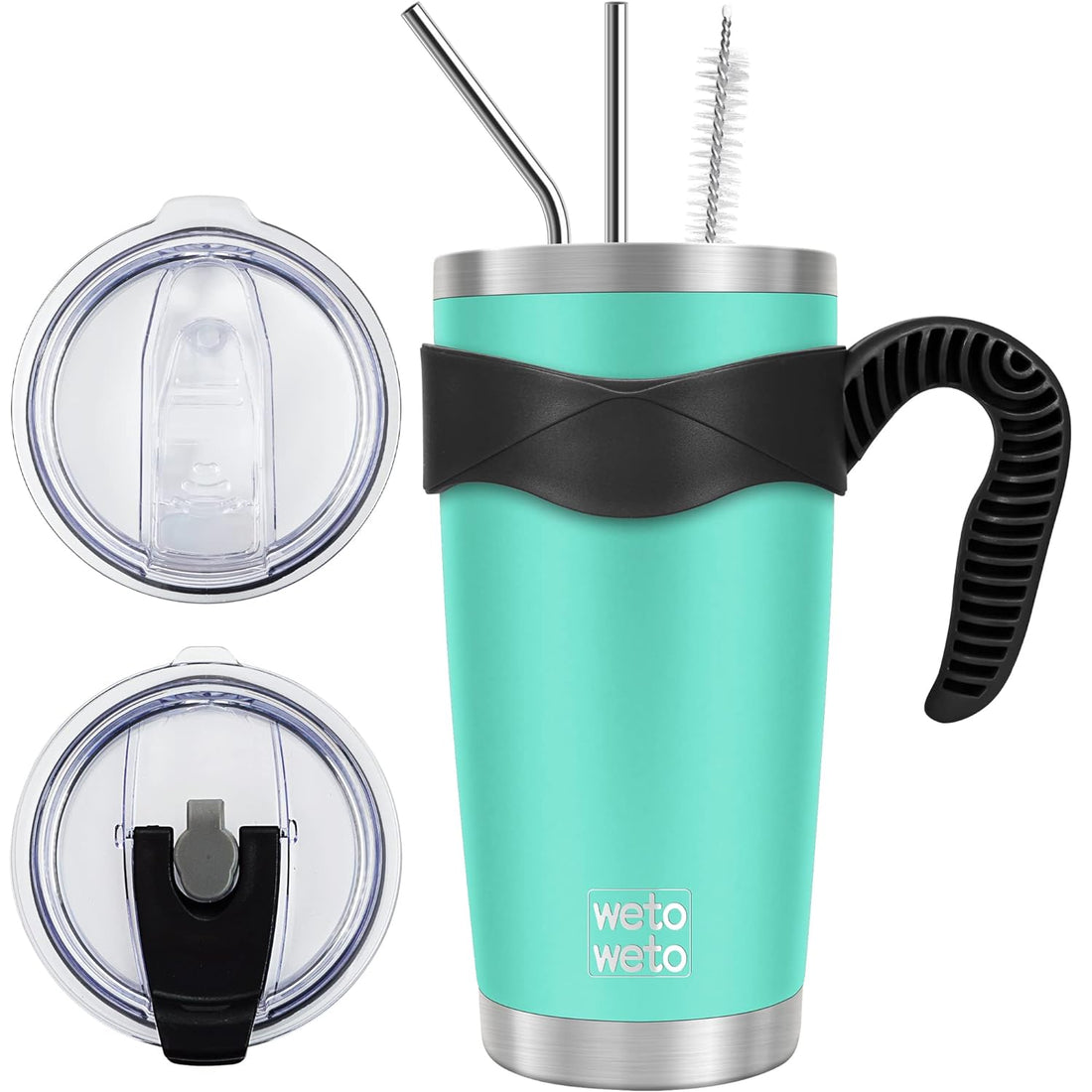 WETOWETO 20oz Tumbler with 2 lids and 2 straws, Stainless Steel Vacuum Insulated Coffee Tumbler Cup, Double Wall Powder Coated Travel Mug (Cyan, 1 Pack)